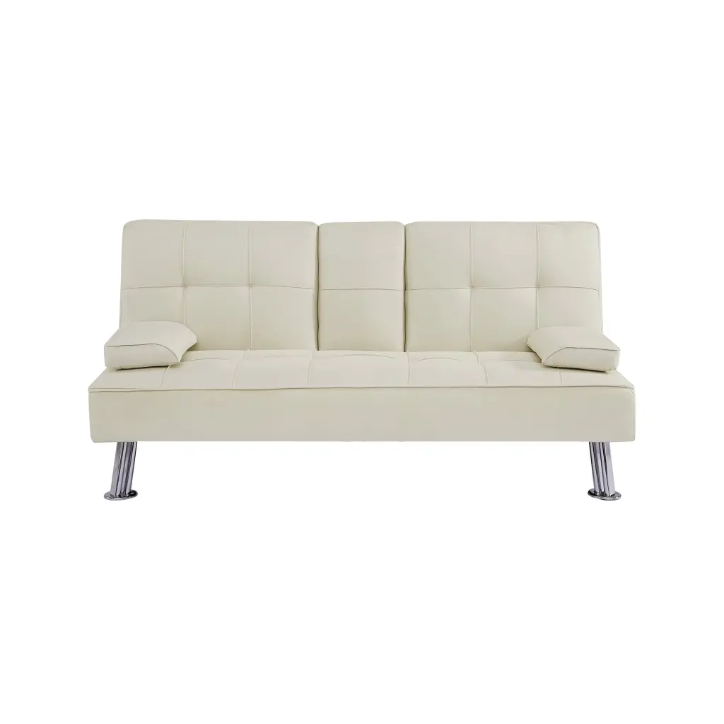 Cream White Modern Convertible Folding Futon Sofa Bed 2 Cup Holders Fabric Loveseat Sofa Bed JUSTSHIK