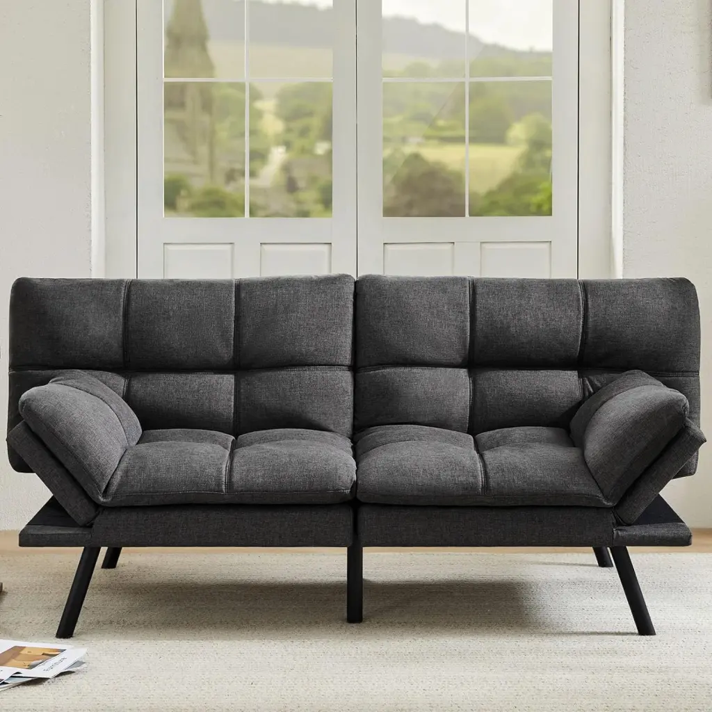 KPUY Adjustable Linen Futon Sofa Bed Backrest and Armrests - Grey Convertible Sleeper Couch