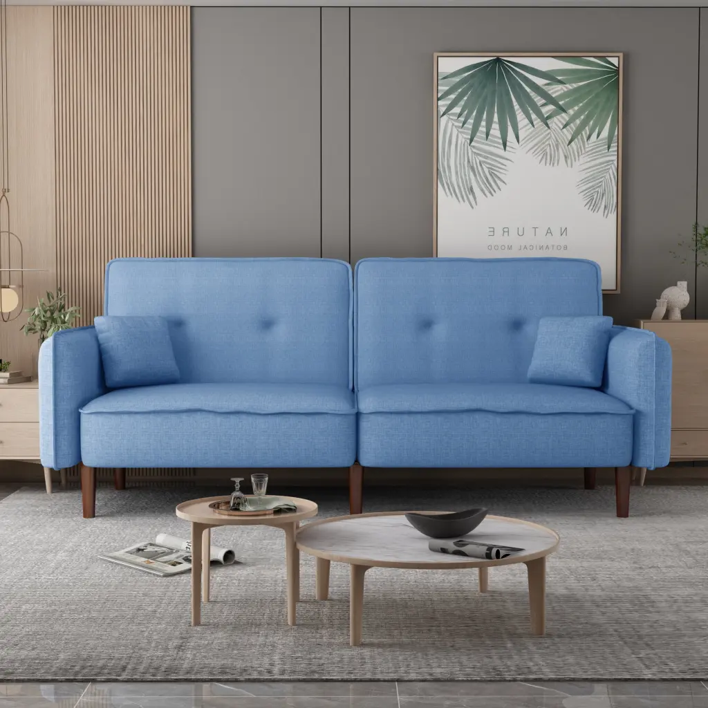 Blue Fabric Futon Sofa Bed Solid Wood Legs Living Room Miekor