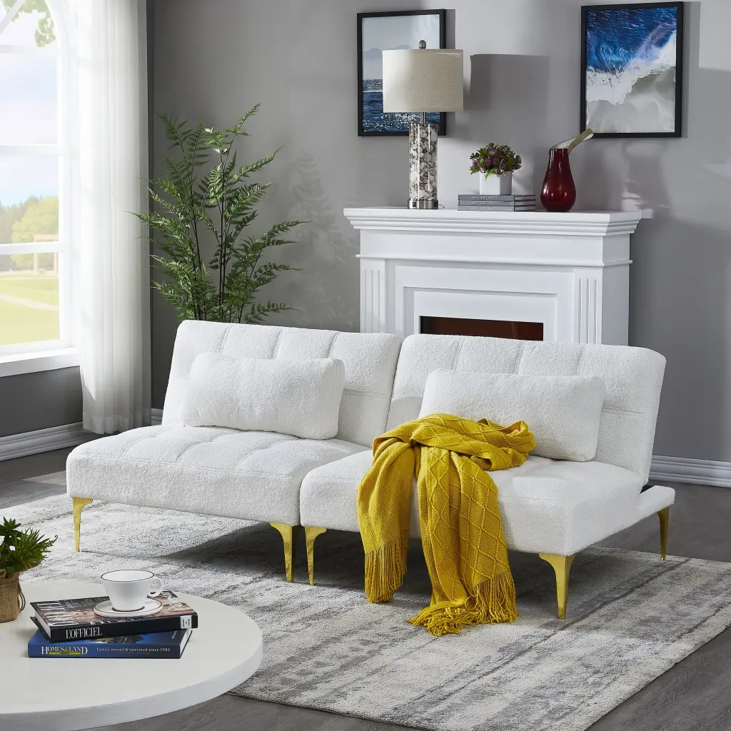 Convertible Sofa Bed Futon Gold Metal Legs Teddy Fabric White Miekor