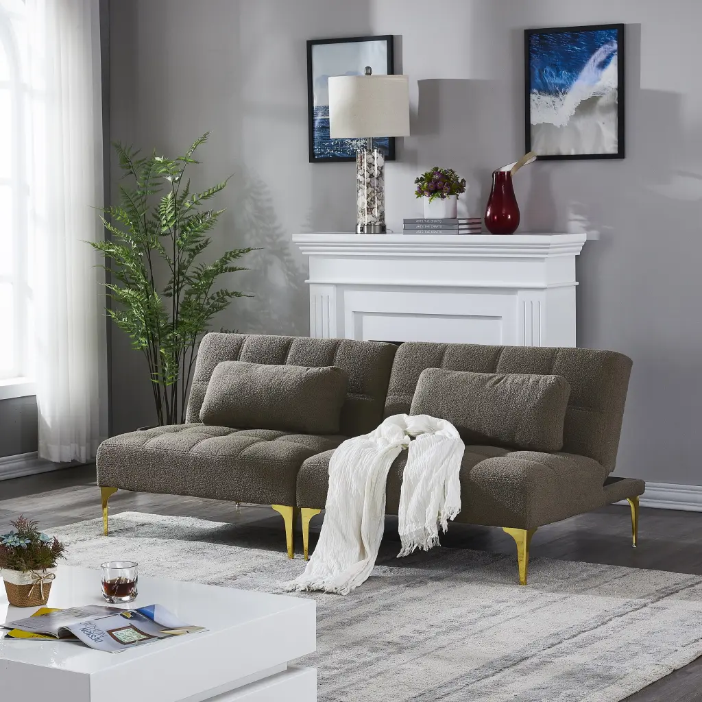 Convertible Sofa Bed Futon Gold Metal Legs Teddy Fabric Taupe Miekor