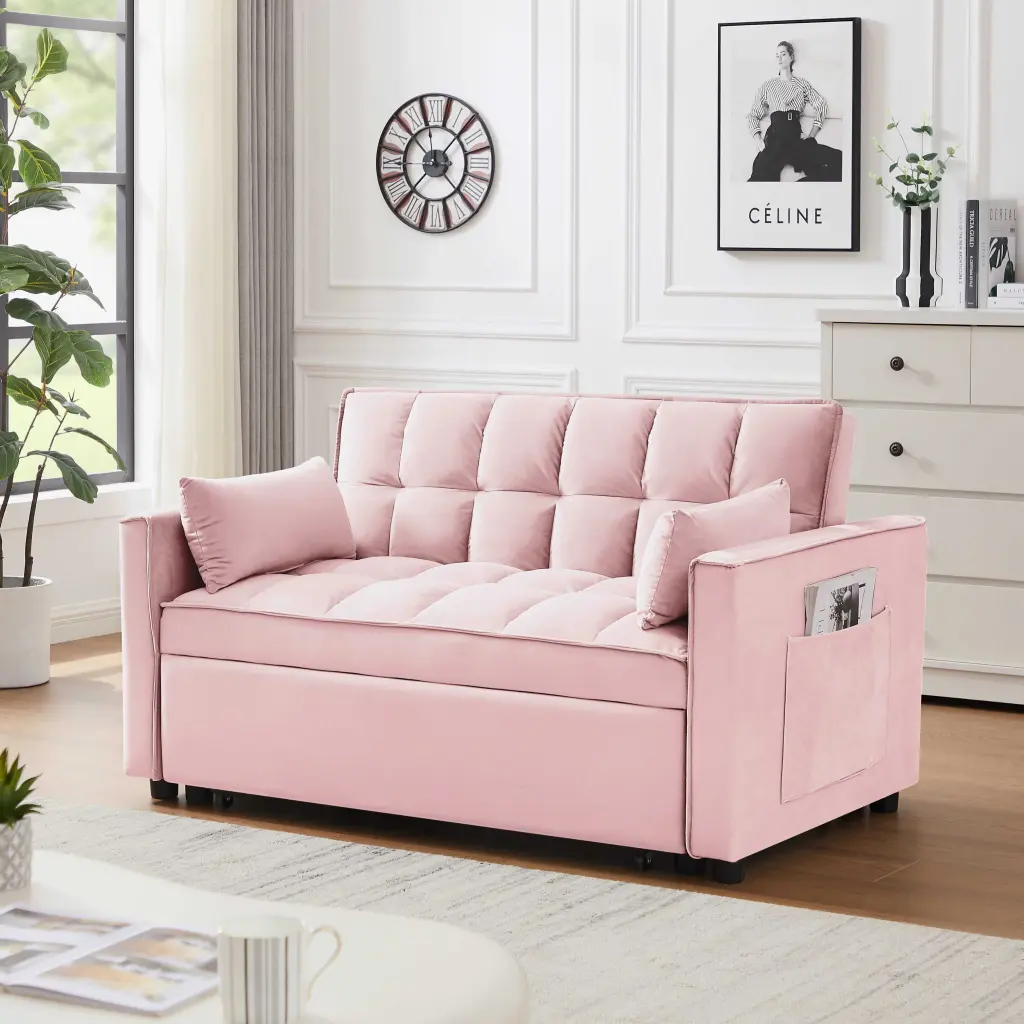 Modern Velvet Loveseat Futon Sofa Small Love Seat Couch Reclining Backrest 3 1 Convertible Sleeper Sofa Bed Pink Onepix