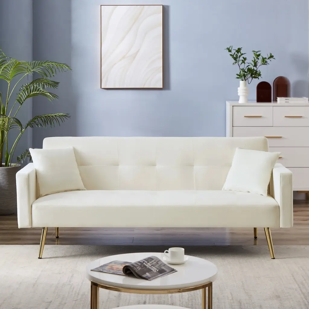 Velvet Folding Futon Sofa Bed Cream White Compact Spaces Ponnky