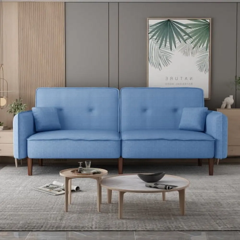 Saim Blue Fabric Futon Sofa Bed Solid Wood Legs Living Room or Bedroom
