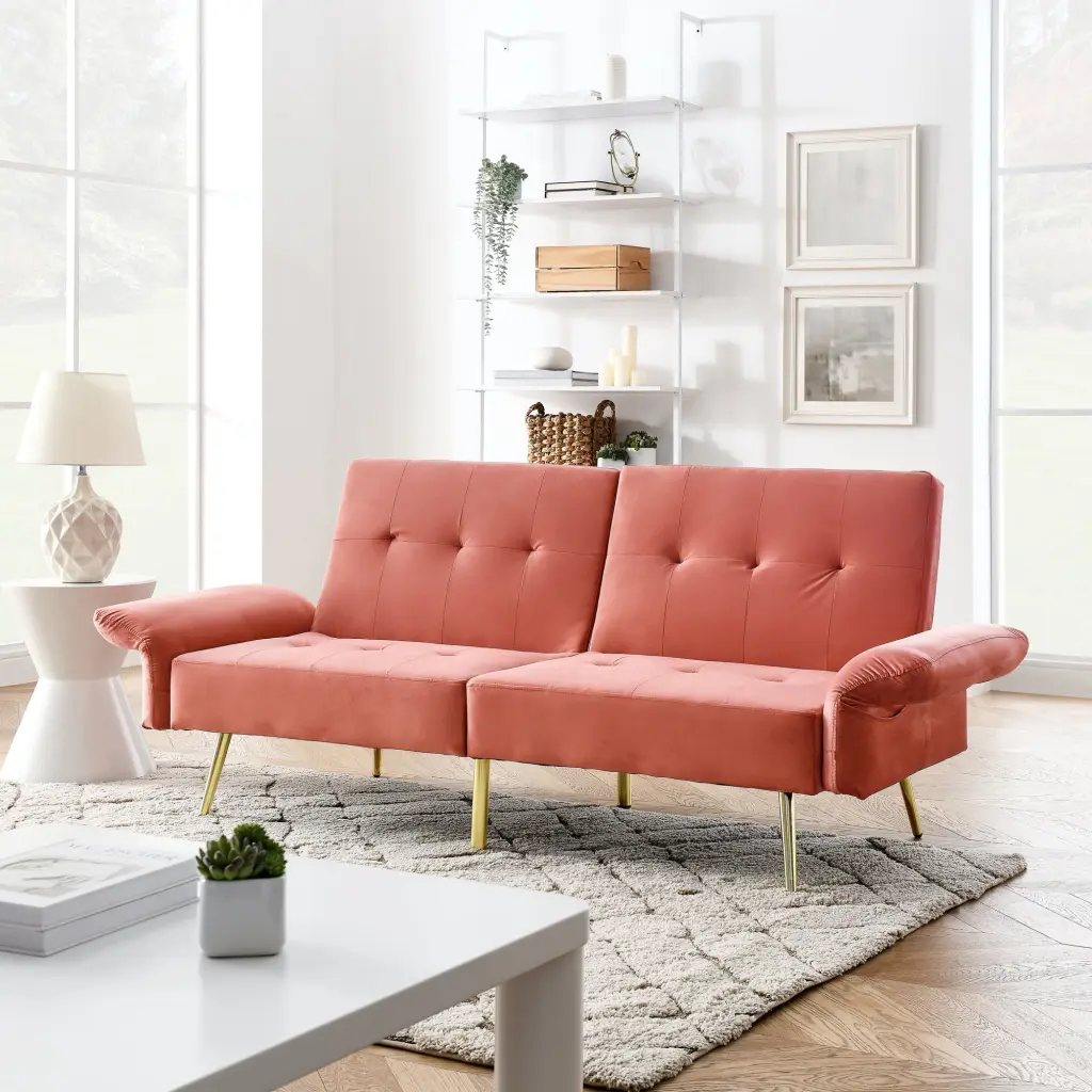 78 Italian Pink Velvet Futon Sofa Bed Convertible Sleeper Loveseat Folded Armrests Storage Bags SNAILF