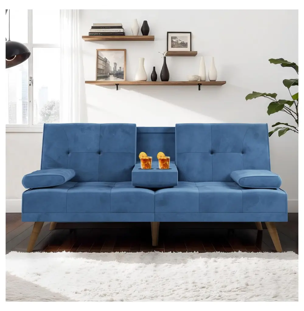 ZHAOTONG Futon Couch Sofa Bed Convertible Small Sleeper Loveseat Cup Holder Blue