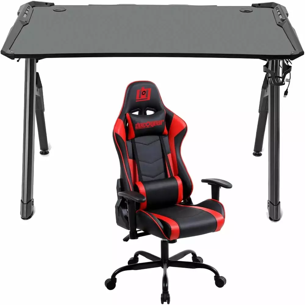 Deco Gear 47 LED Gaming Desk Carbon Fiber Surface Gaming Chair Red Bundle