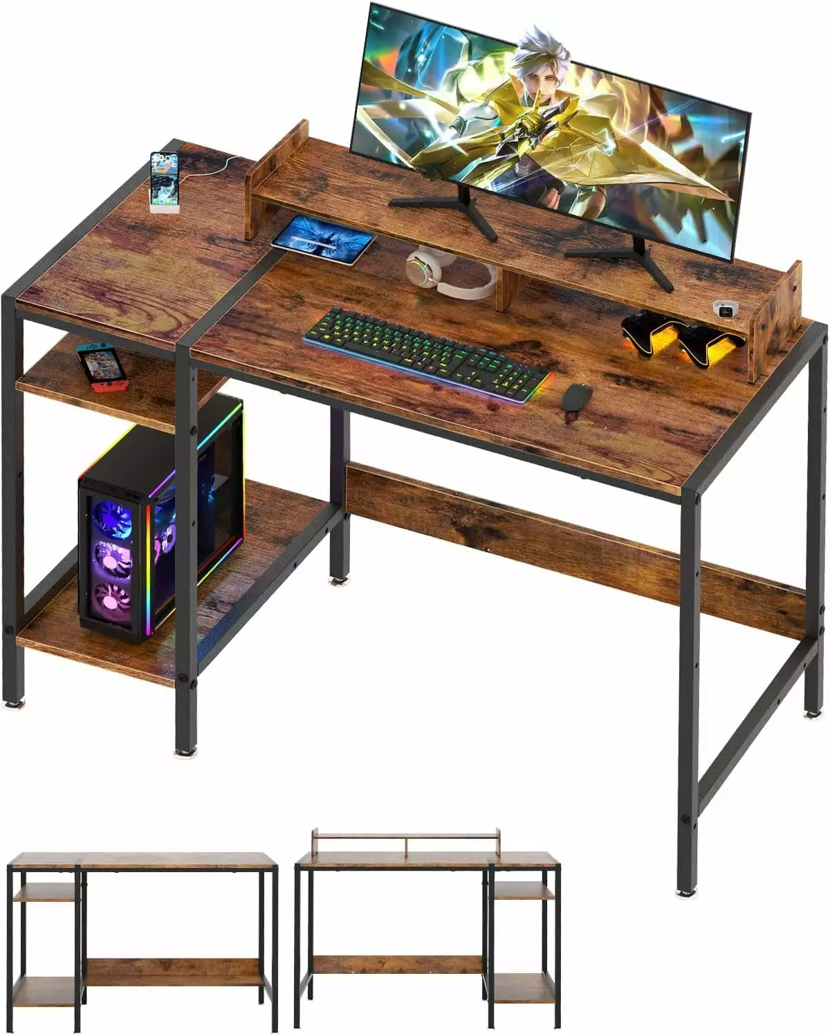 39-Inch Rustic Gaming Desk Monitor Stand Adjustable Storage Space Modern Design Corner Table A&A Manufacturing