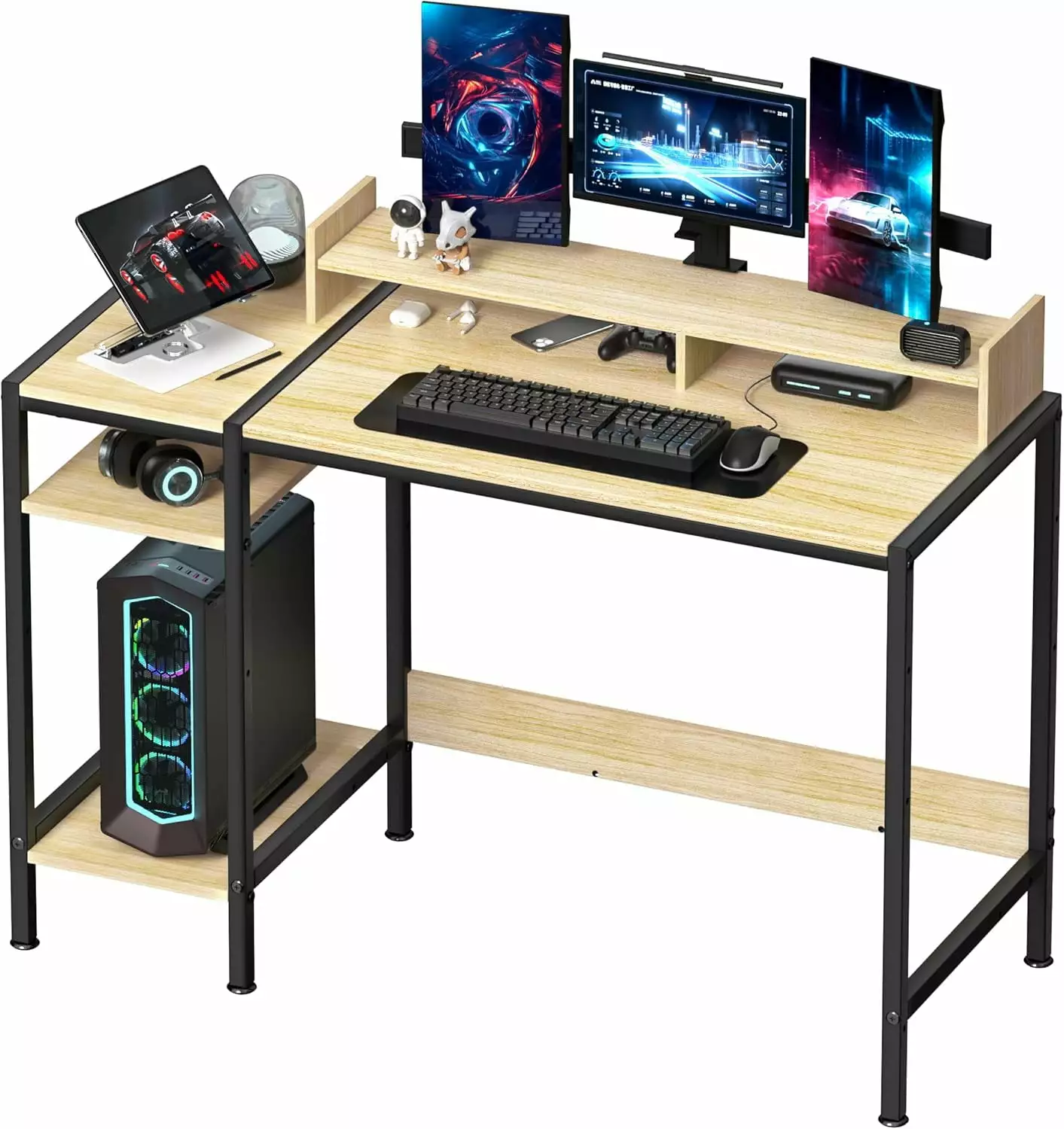 47 Inch Small Computer Gaming Desk Home Office Desk Storage Monitor Stand 2 Monitors Adjustable Space Modern Design Corner...