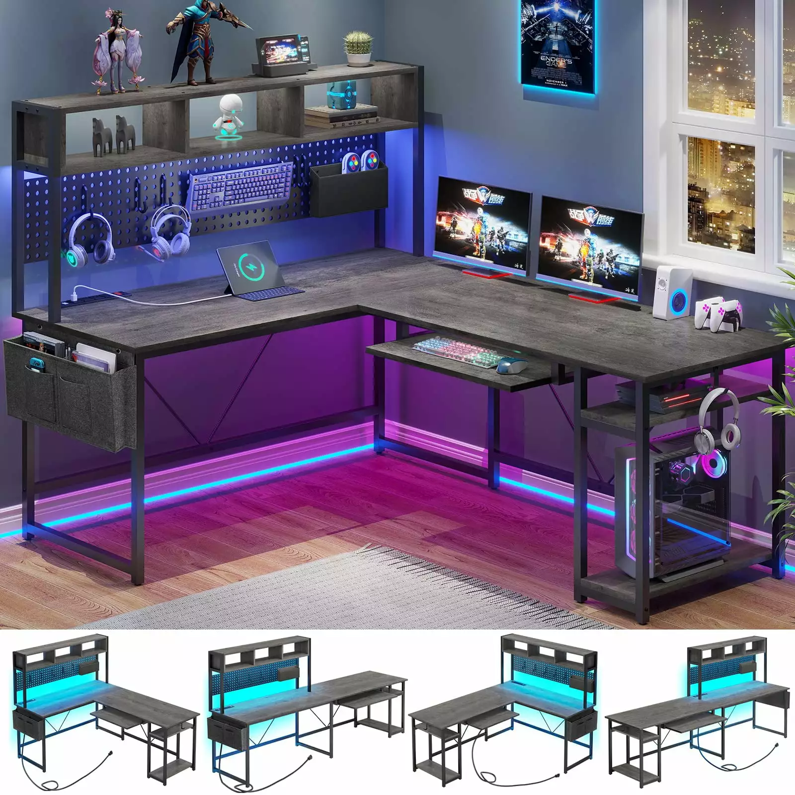 AOGLLATI 94.5 Inch L Shaped Gaming Desk LED Light Power Outlet and Pegboard