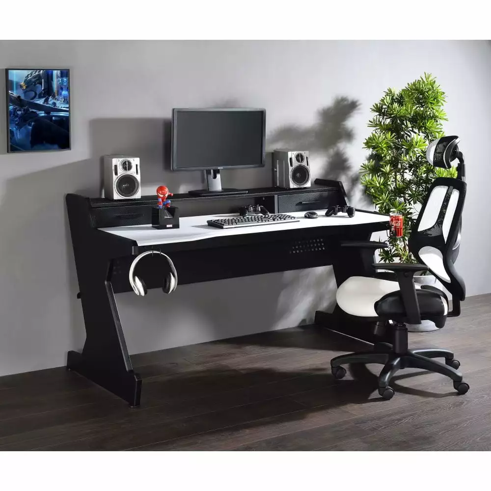 Bigga Gaming Table Black & White Finish 55 Inch Sturdy Computer Desk Gamers ApexGlow
