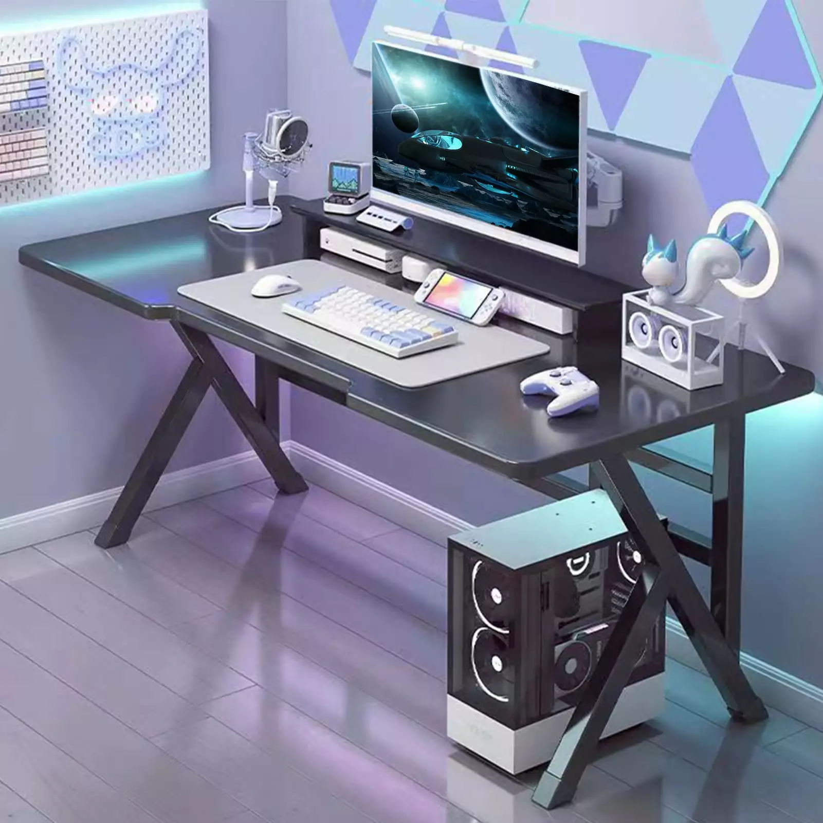 Aqyh Simple Gaming Desk 40 Inch K Shaped Gamer Workstation Black PC Table Home Office