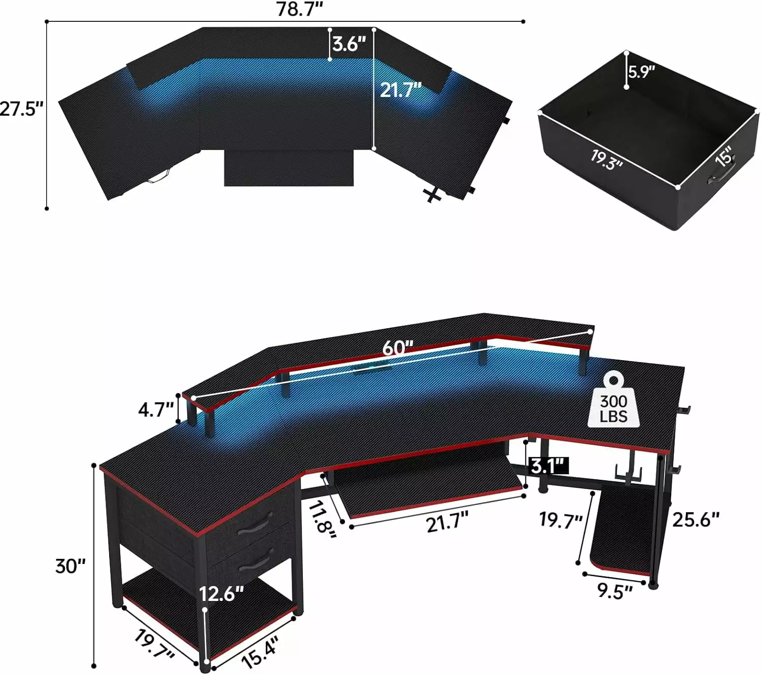 79 Inch L Shaped Gaming Desk 2 Fabric Drawers LED Light Storage Shelf Carbon Fiber Black Red Computer Desk B&B Charcoal