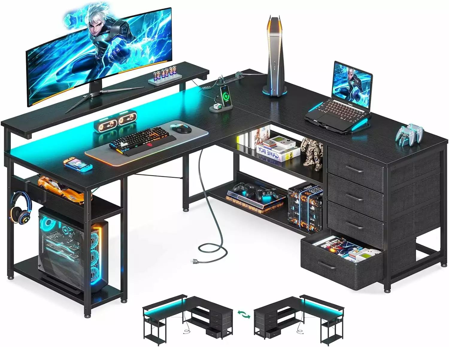 53 L Shaped Desk Drawer Computer Desk Power Outlets LED Lights Reversible Corner Gaming Desk Home Office Workstation B&B C...
