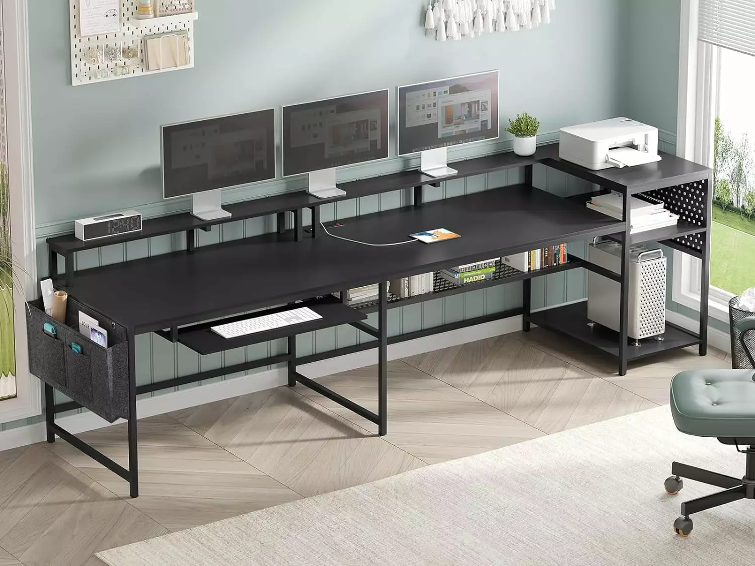 L Shaped Gaming Desk Power Outlets LED Strip Monitor Shelf and Keyboard Tray B&B Charcoal