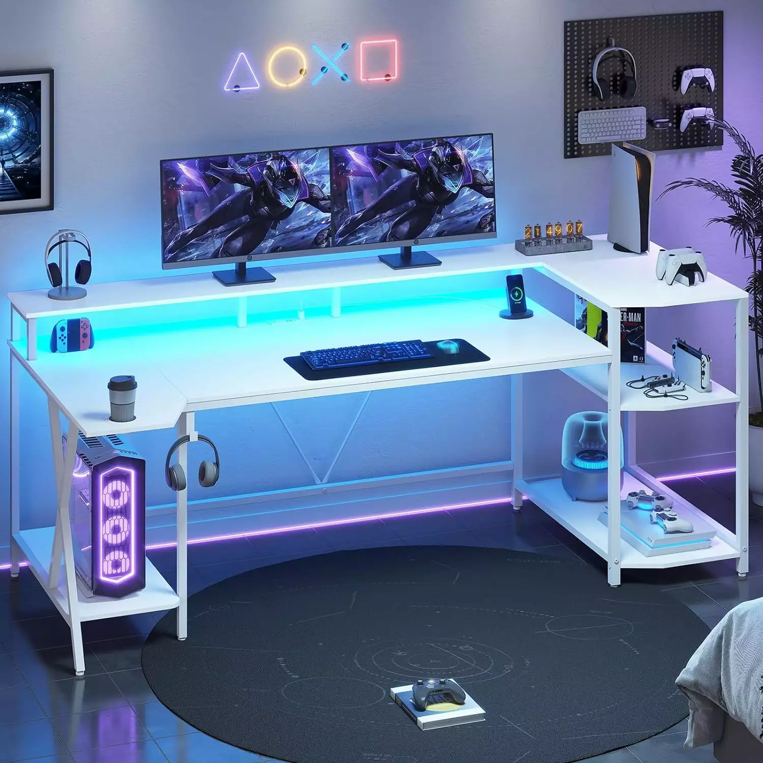 White Gaming Desk 70.8 Inch LED Lights Storage Shelves Monitor Stand Power Outlets Cup Holder Large PC Gamer Desk B&B Char...