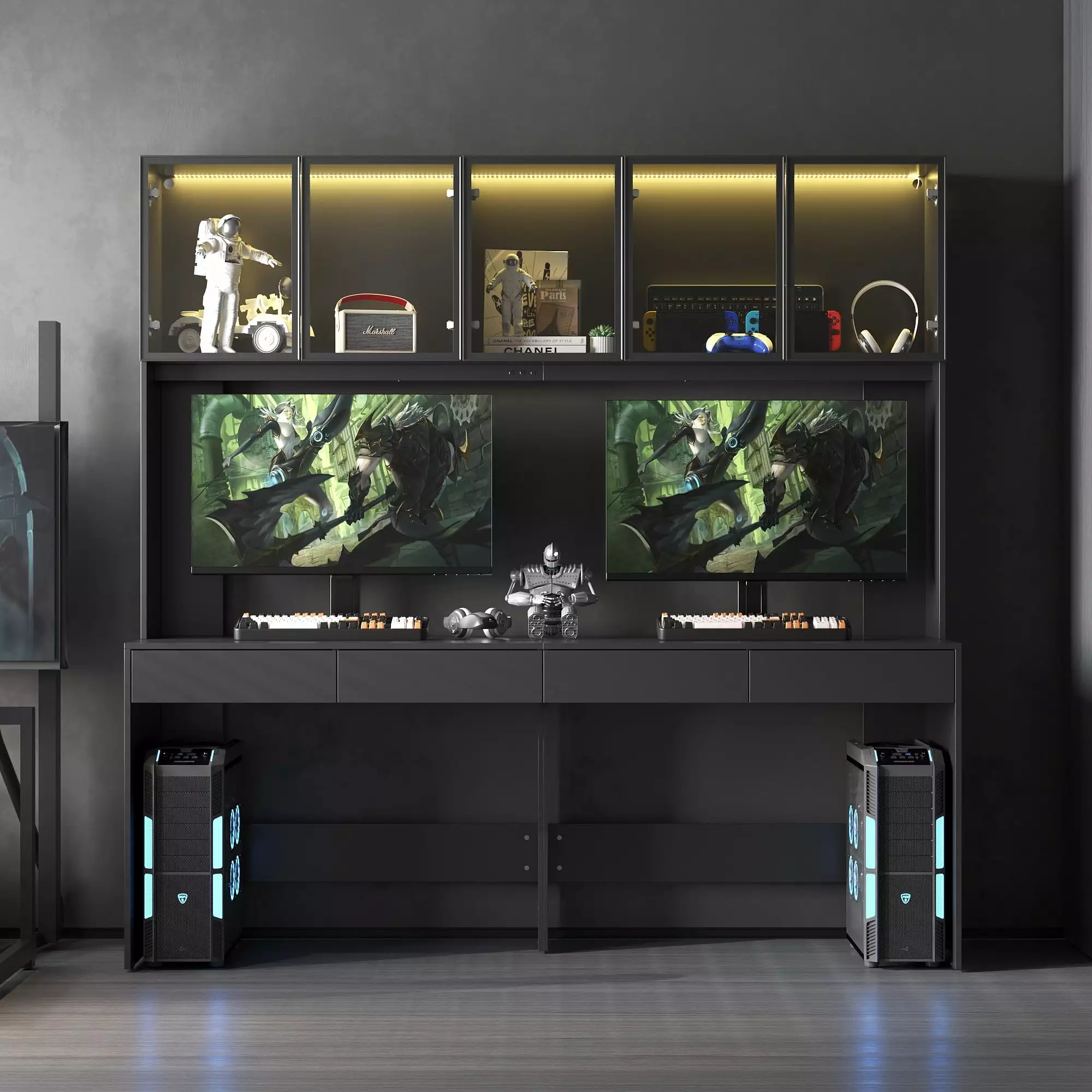 Black Aluminum Gaming Office Desk Tempered Glass Top Dual Workstation Bed Bath & Beyond