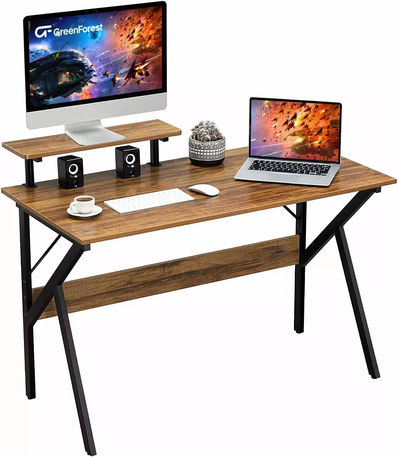 47-Inch Walnut Home Office Desk Monitor Shelf Computer Gaming Desk Writing Study Table BENTEN