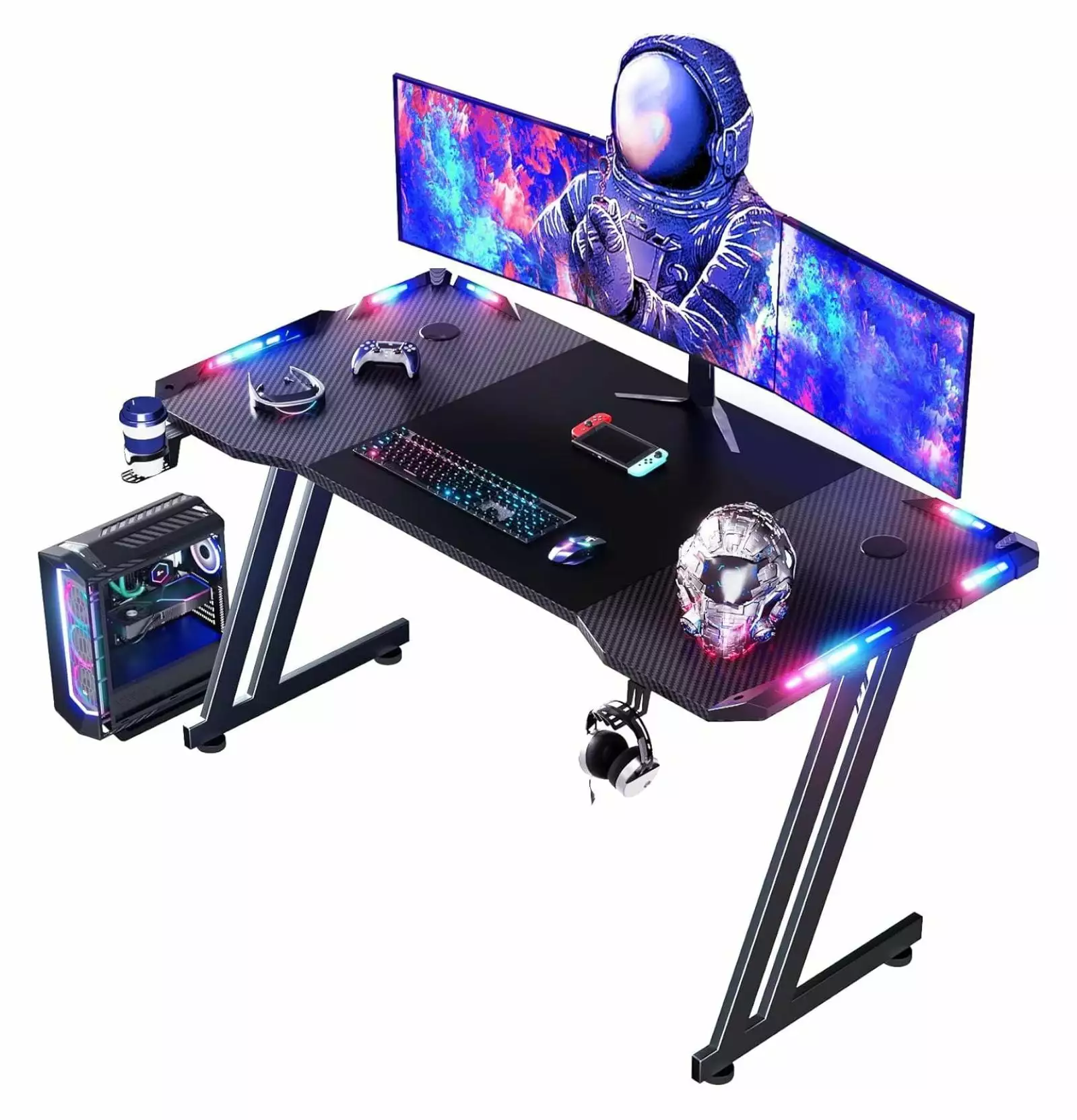 Bilot 47 Inch Gaming Desk LED Lights Carbon Fibre Surface Gaming Table Large Computer Desk Ergonomic Home Office Desks Z S...