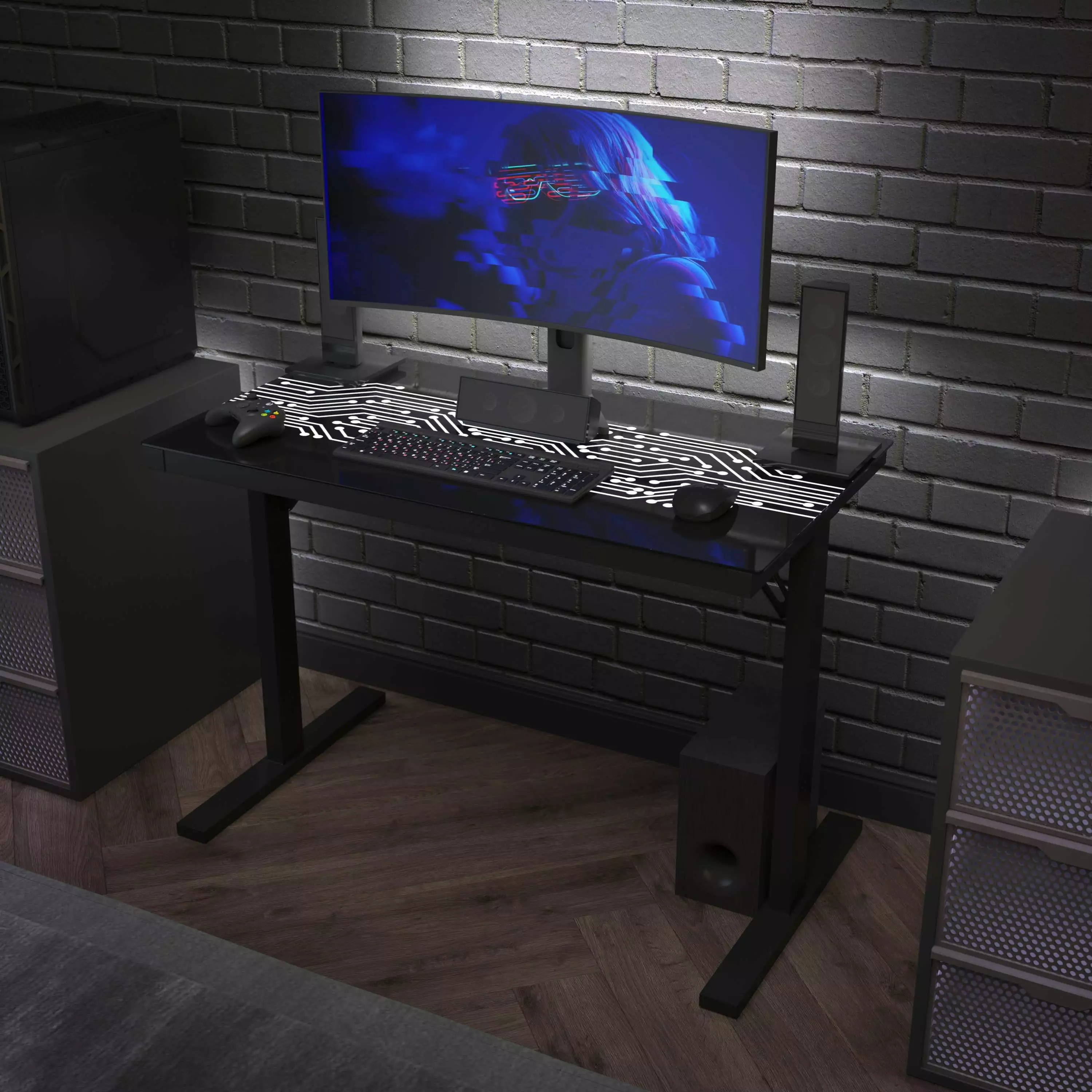 BizChair 43 Commercial Grade Gaming Desk LED Lights Tempered Glass Desktop Home or Office Computer Table Steel Frame LED L...