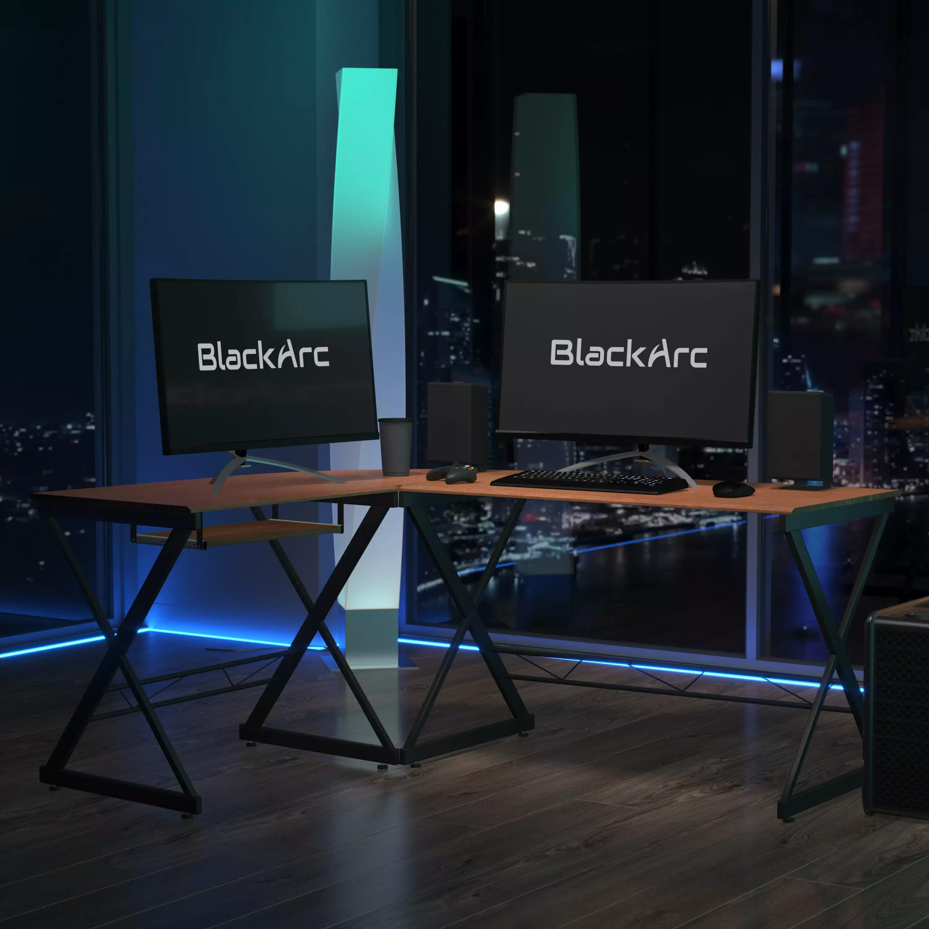 BlackArc L-Shaped Gaming Desk Teakwood Finish Laminate Top Black Powder Coated Frame