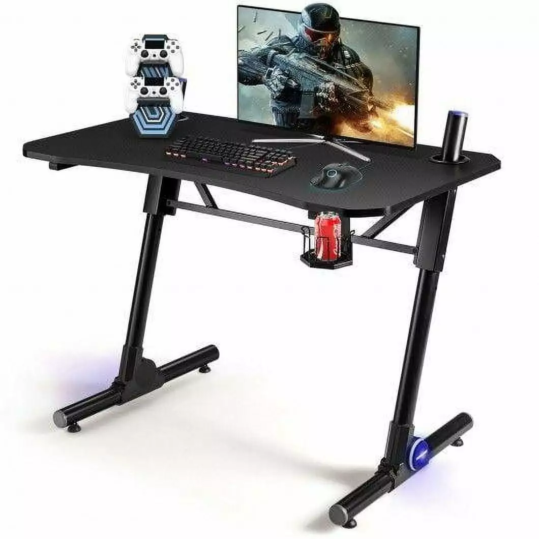43.5 Inch Height Adjustable Gaming Desk Blue LED Lights - Black Ergonomic Computer Desk Home Office Boardwalk Ts & Things