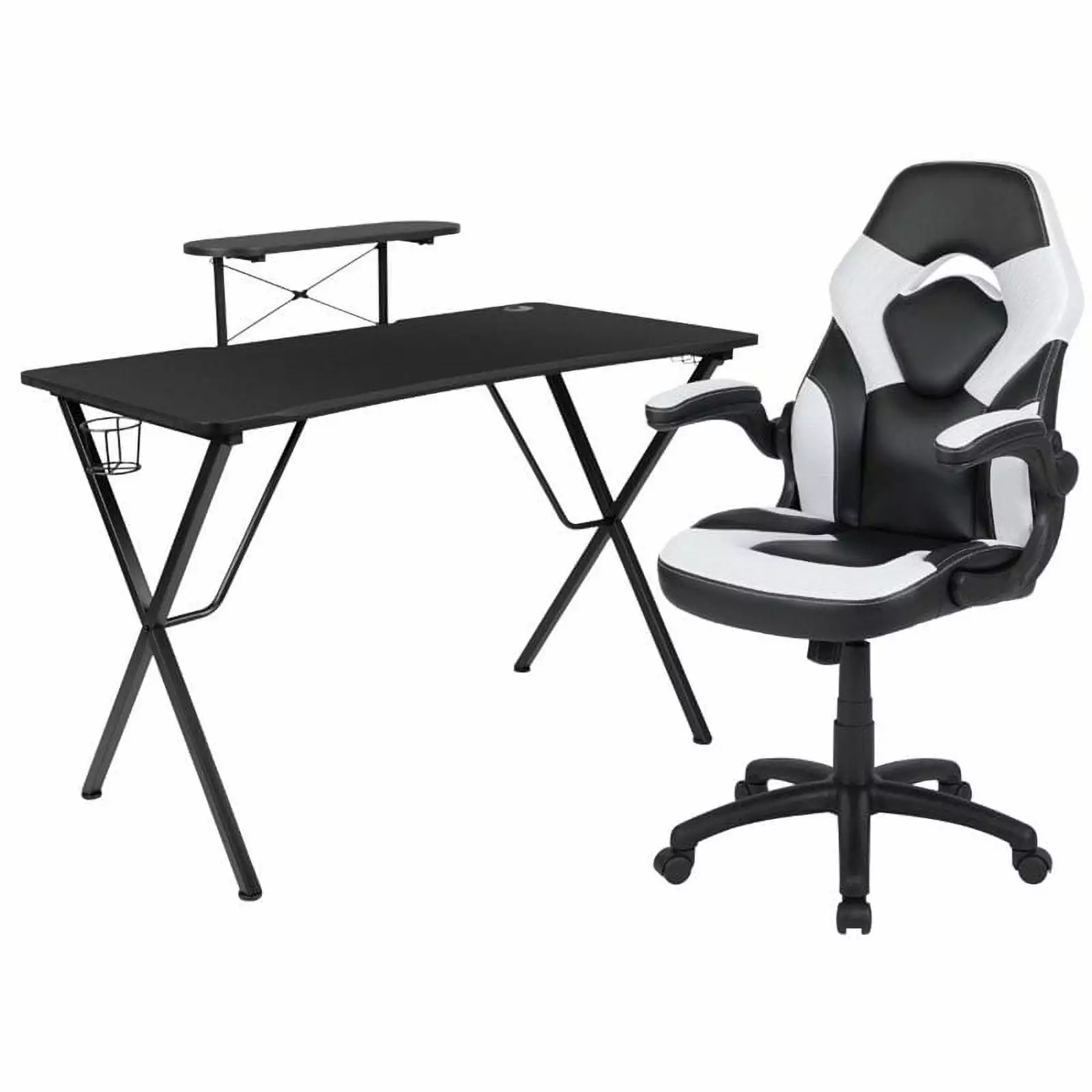 Bowery Hill 2 Piece Gaming Desk Set Monitor Stand Black and White