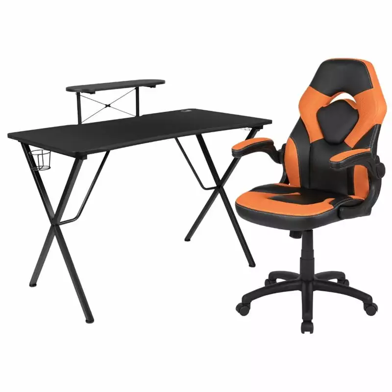 Bowery Hill 2 Piece Gaming Desk Set Monitor Stand Black and Orange