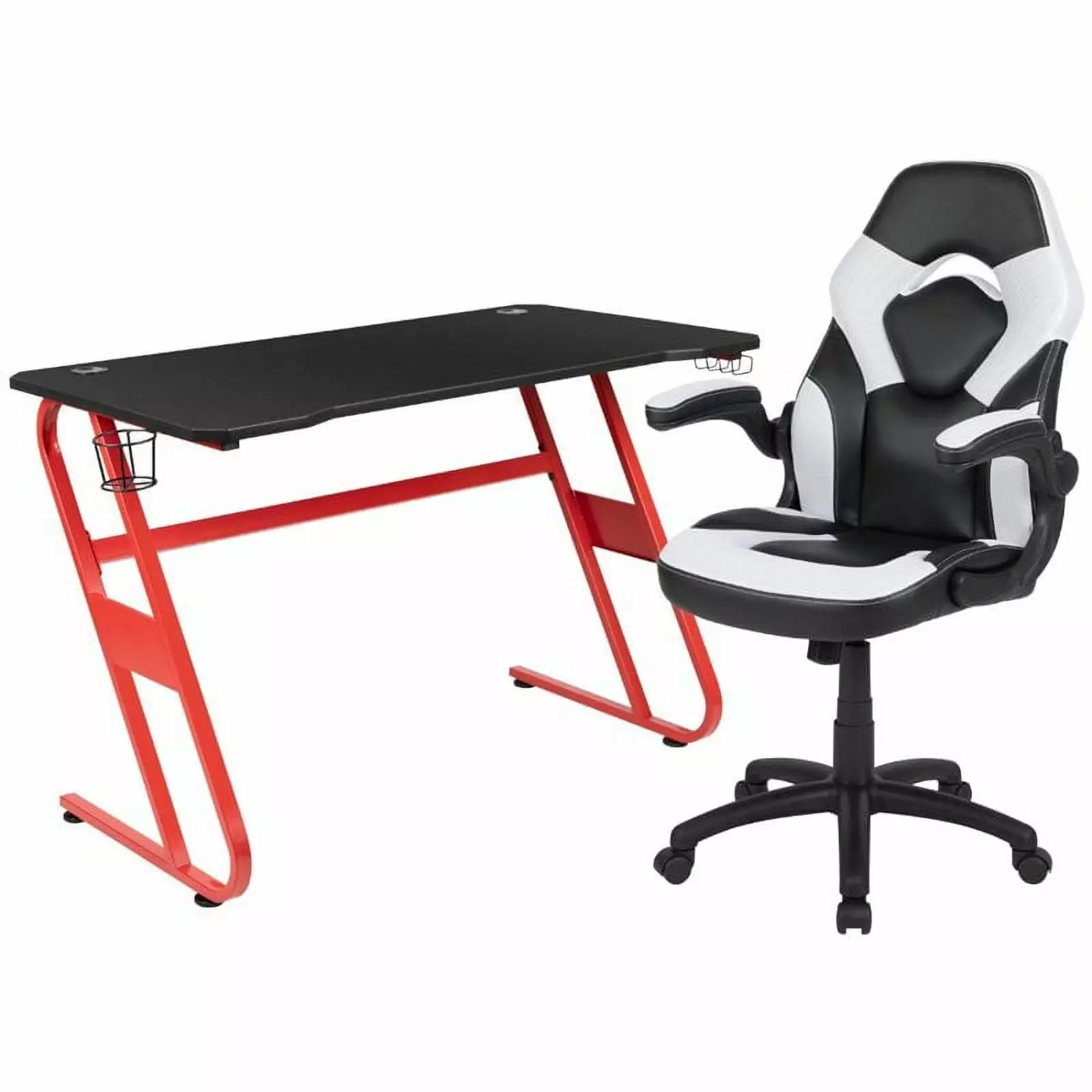 Bowery Hill 2 Piece Z-Frame Gaming Desk Set Red and White Home Office