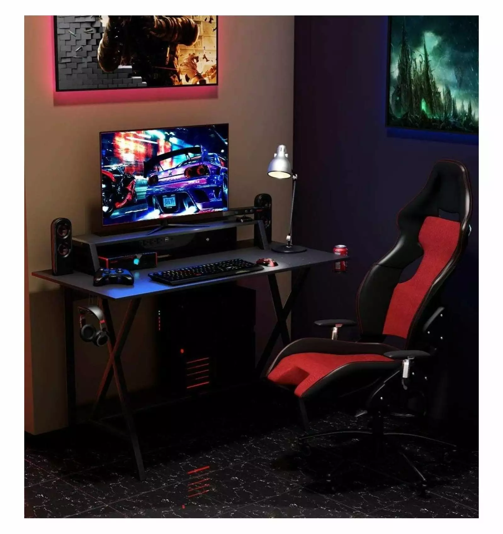 BULYAXIA Gaming Desk Home Computer Desk Cup Holder Headphone Hook Built Wire Management Professional Workstation