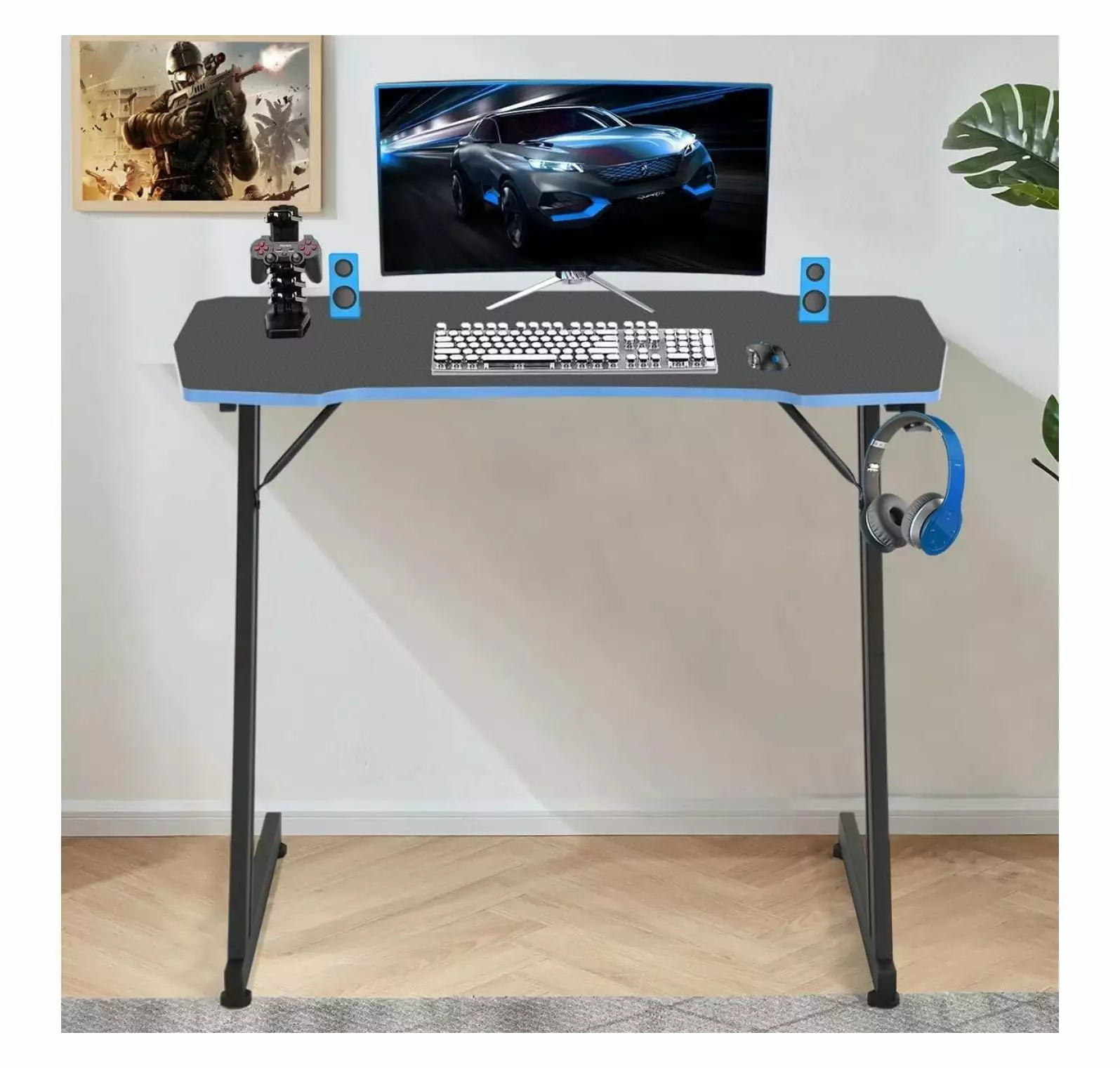 BULYAXIA 39 Inch Blue Z Shaped Gaming Desk Large Ergonomic Computer Workstation Headphone Hook Gamers