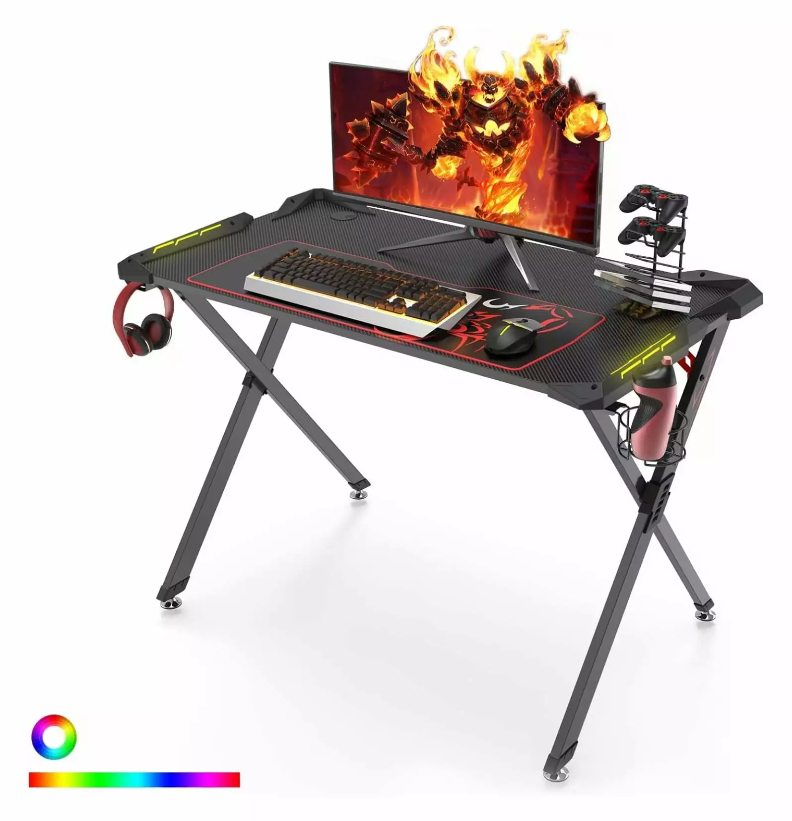 44 Inch Gaming Desk LED Lights - X-Shaped Computer Desk Mouse Pad and Cup Holder - Black BULYAXIA