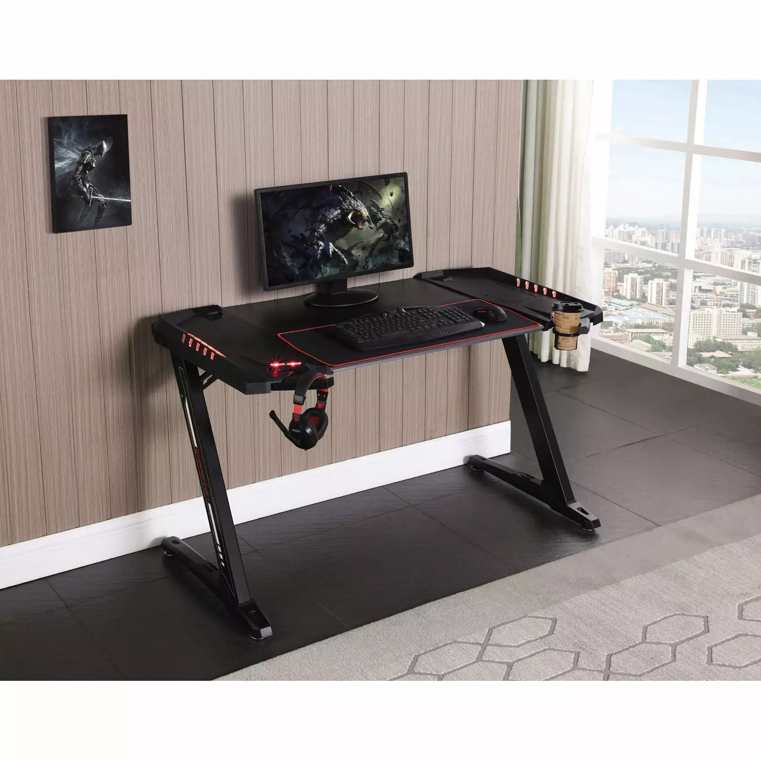 Ardsley Z-Framed Gaming Desk LED Lighting Black Modern Workstation Coaster Company