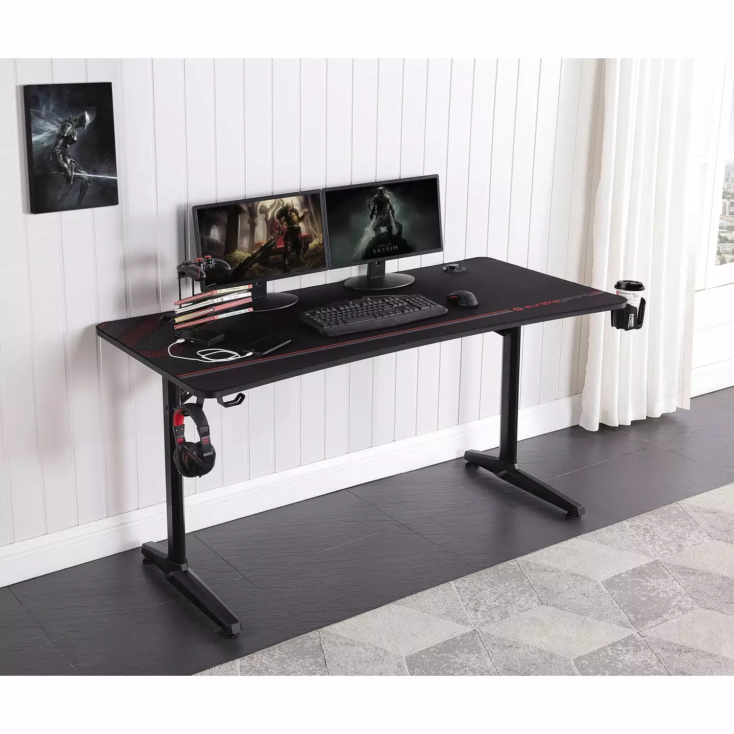 Tarnov Rectangular Metal Gaming Desk USB Ports Black Coaster Company