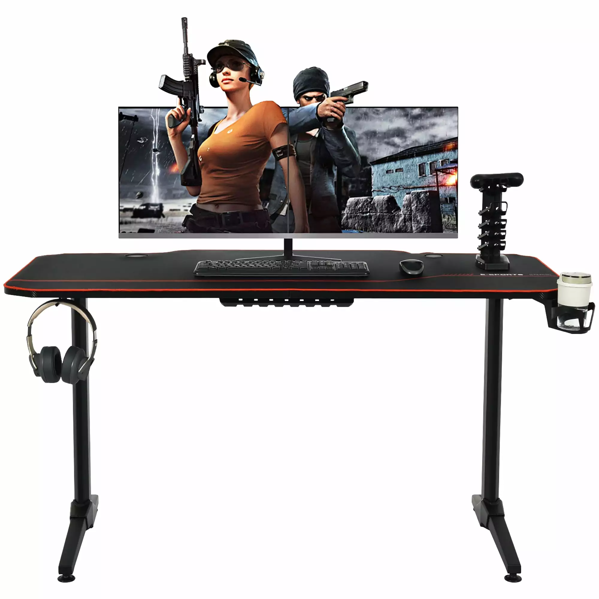 Costway 55 Inch Gaming Desk T-Shaped Computer Desk Full Desk Mouse Pad Gaming Handle Rack Cup Holder Headphone Hook
