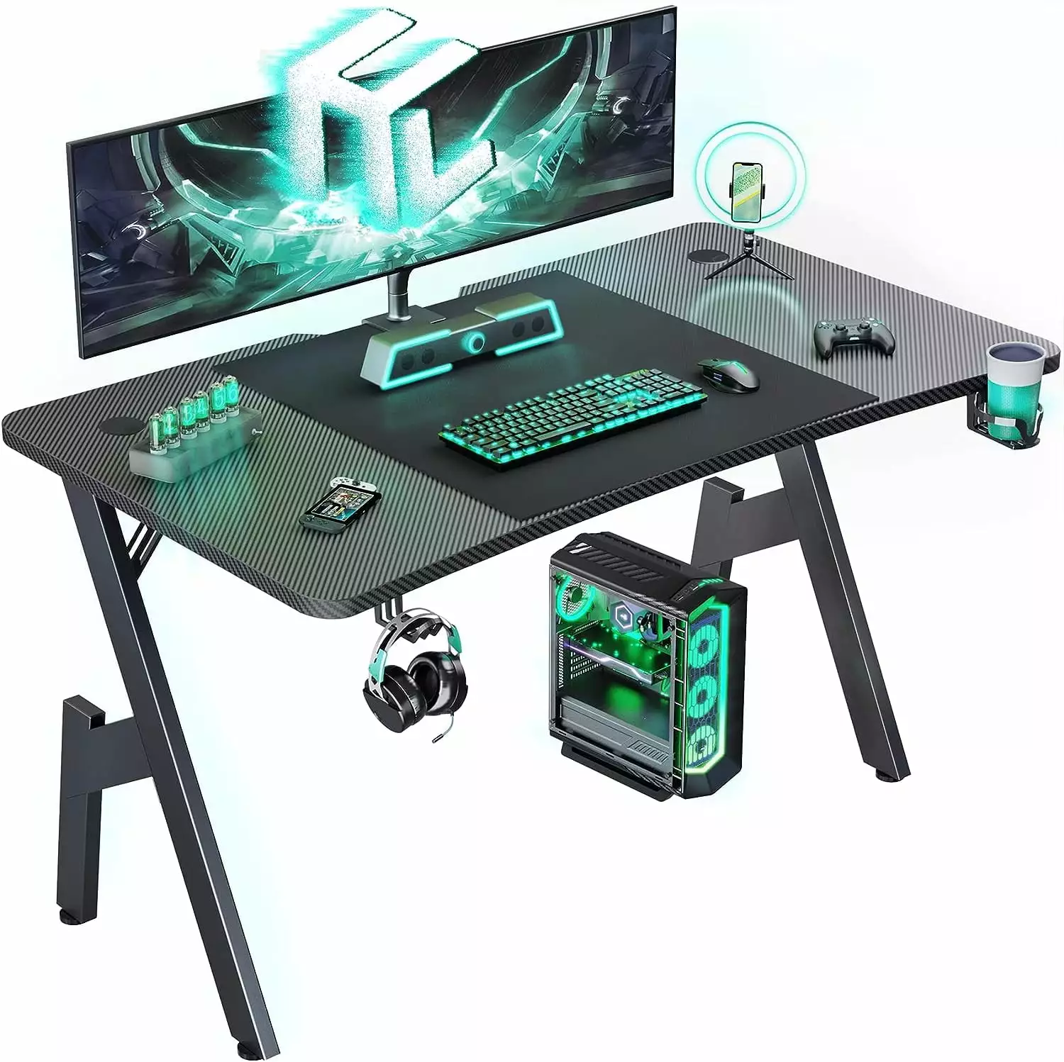 47 Inch Gaming Desk Carbon Fiber Surface Ergonomic PC Workstation Cup Holder Headphone Hook Home Office Table DCVIKN