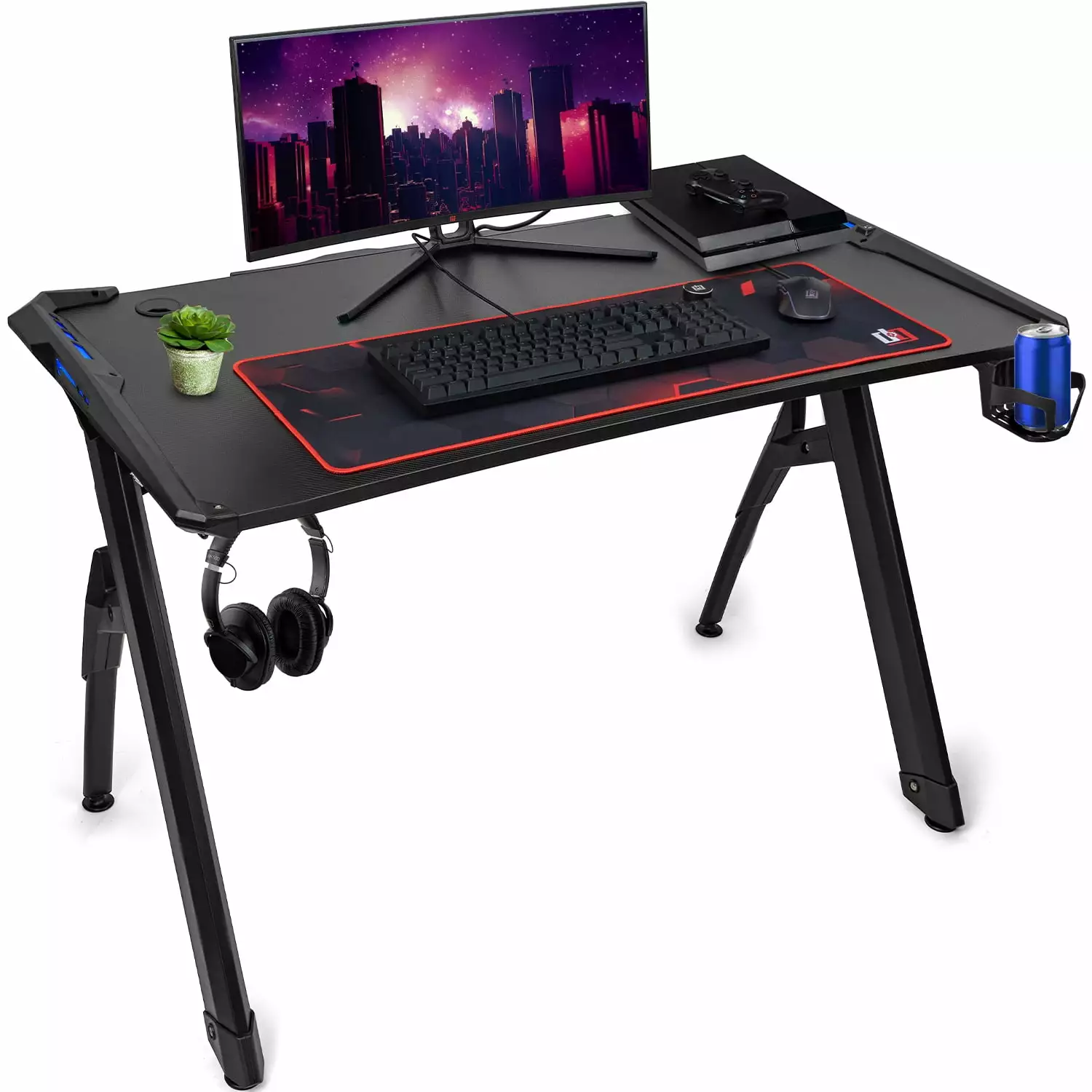 47 Inch LED Gaming Desk Waterproof Carbon Fiber Surface 6-Color Lighting Accents Cable Management Headphone Hook Cup Holde...