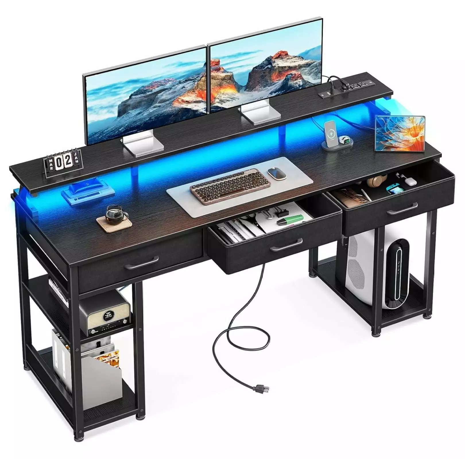 Depot Esh 63 Inch Computer Desk 3 Drawers Gaming Desk LED Lights and Storage