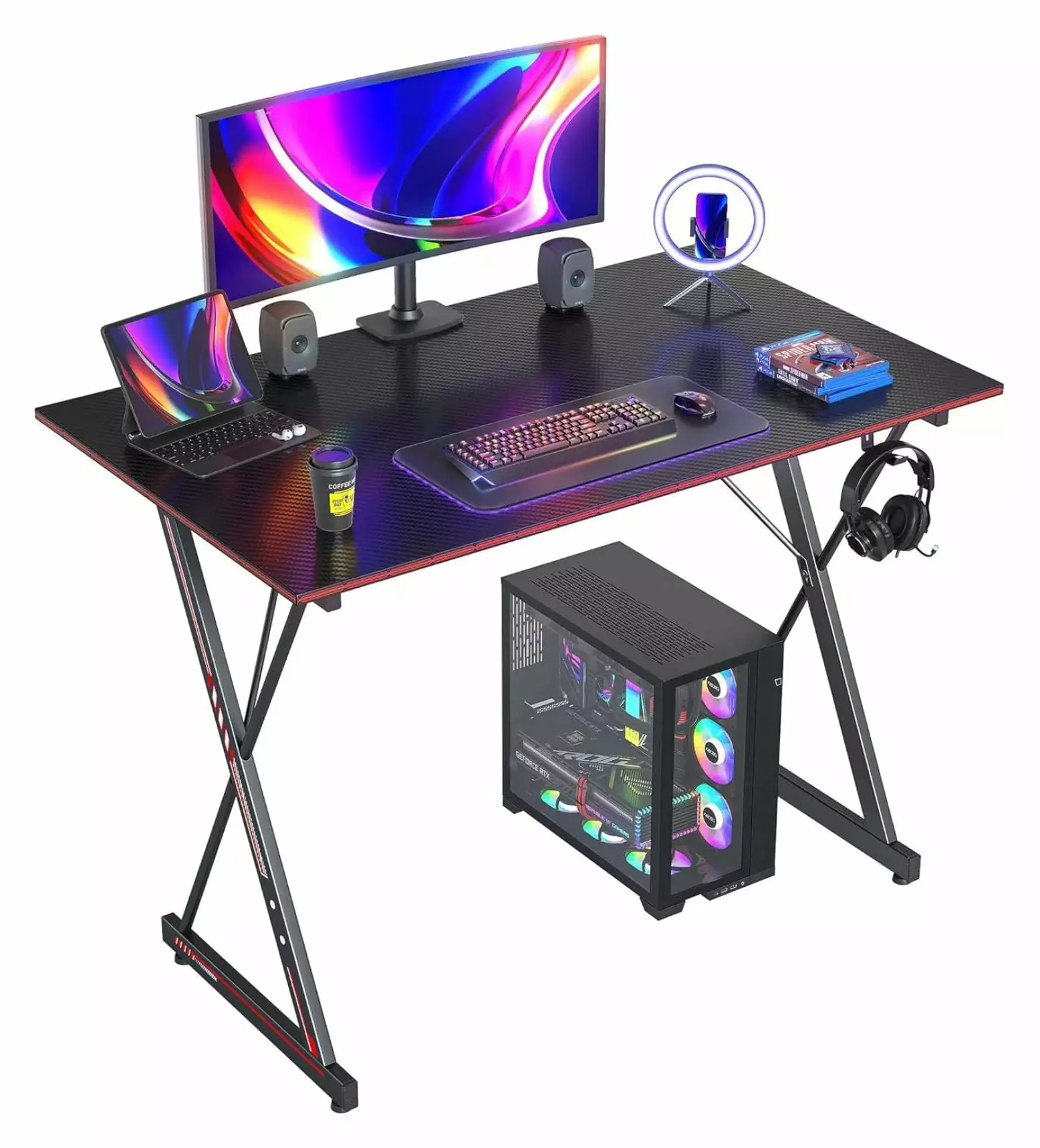 Depot Esh 47 Inch Gaming Desk PC Computer Desk Carbon Fiber Home Office Table Gamer Workstation Headphone Hook Black