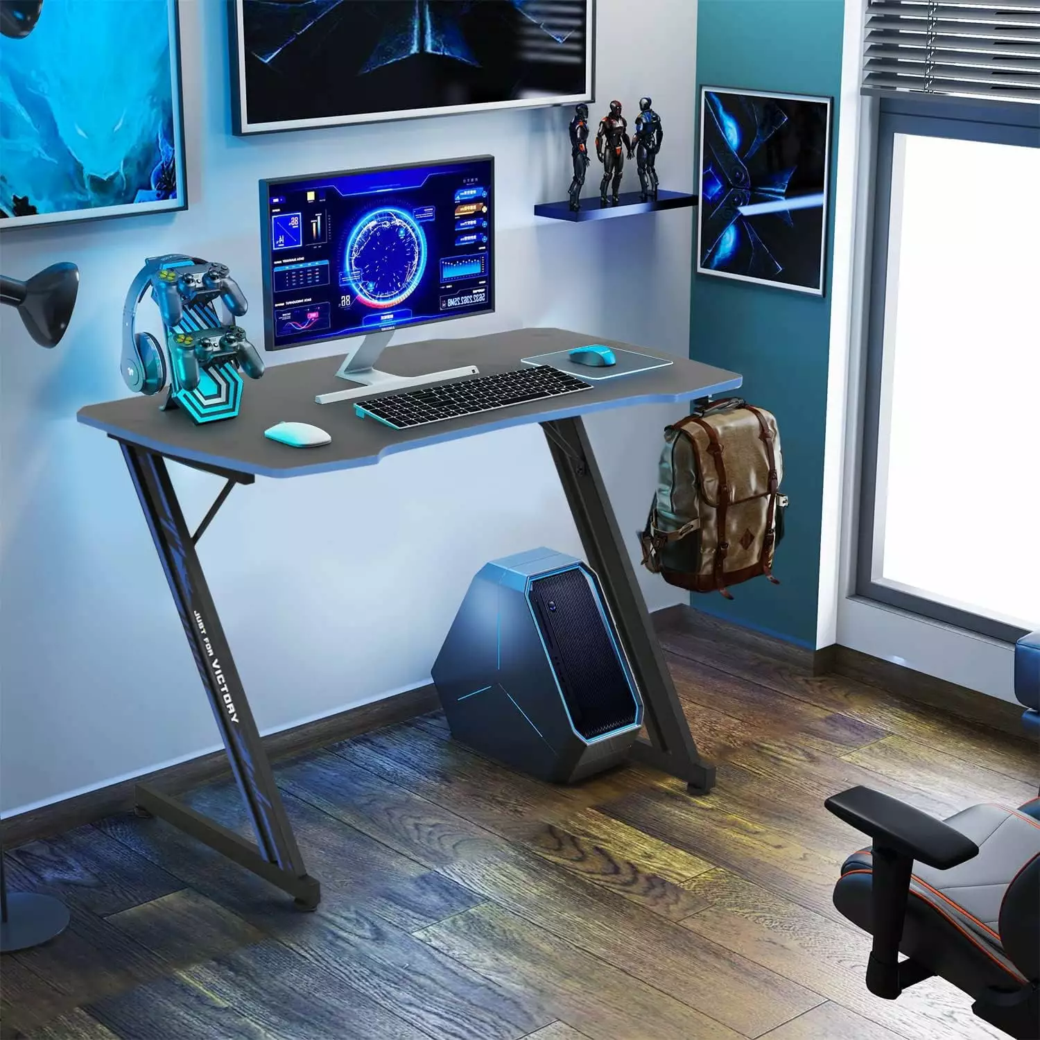 Dkelincs 39.4 Inch Z-Shaped Gaming Desk - Adjustable Height Computer Table Headphone Hook Blue