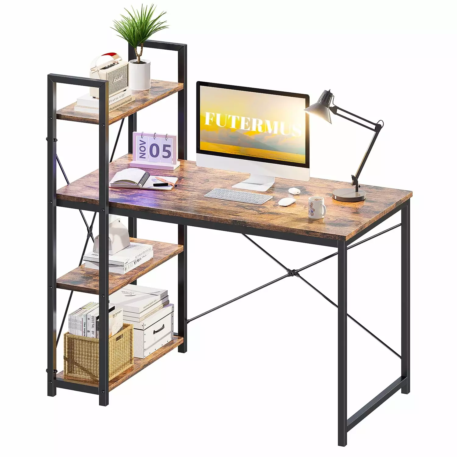 Computer Desk LED Lights Office Desk Small Spaces Gaming Desk Reversible Shelves Rustic Brown DLPIN