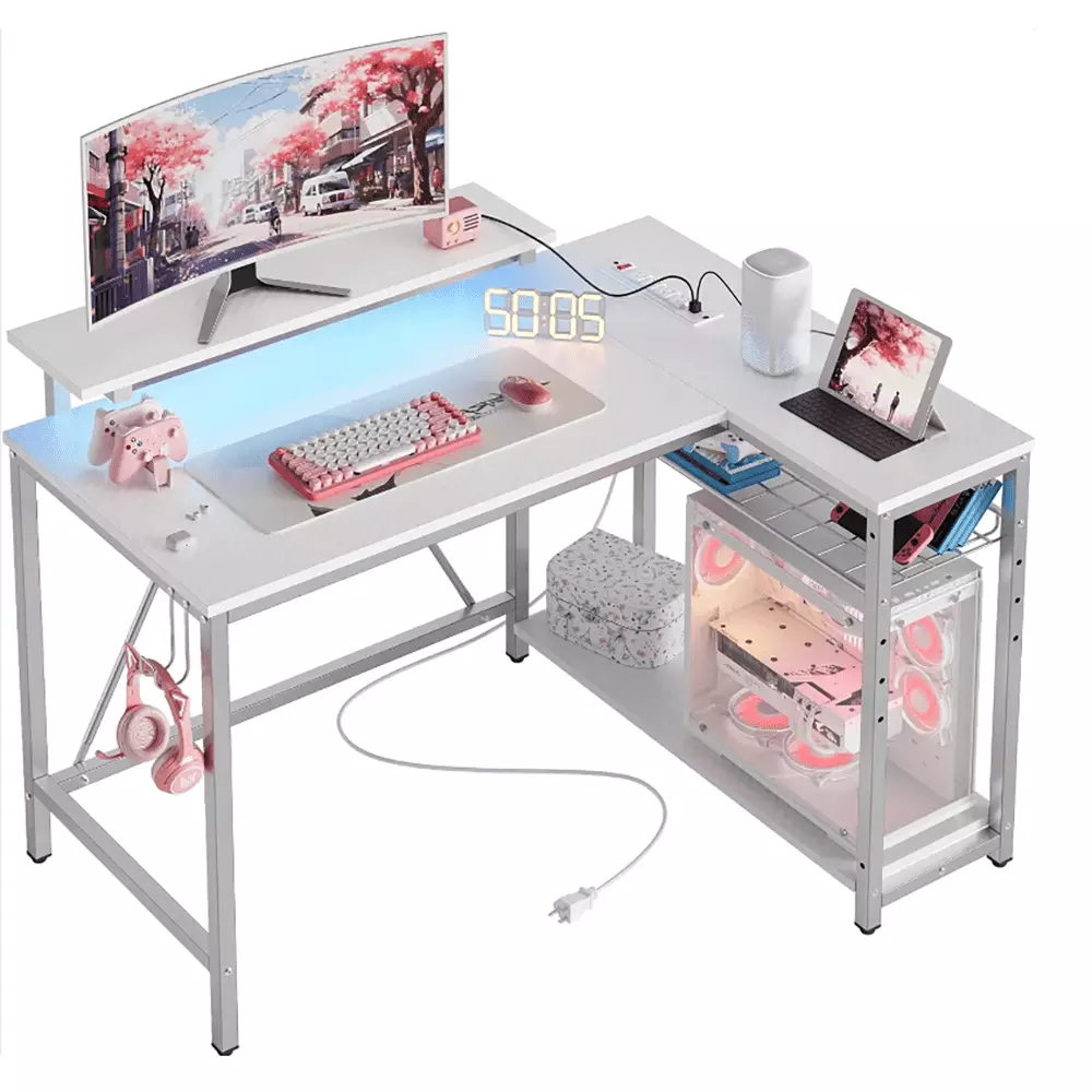 Gaming Desk Power Outlets 42 LED Small Corner Reversible Storage Shelves L Shaped Desk Hooks Computer Desk DQMARTY