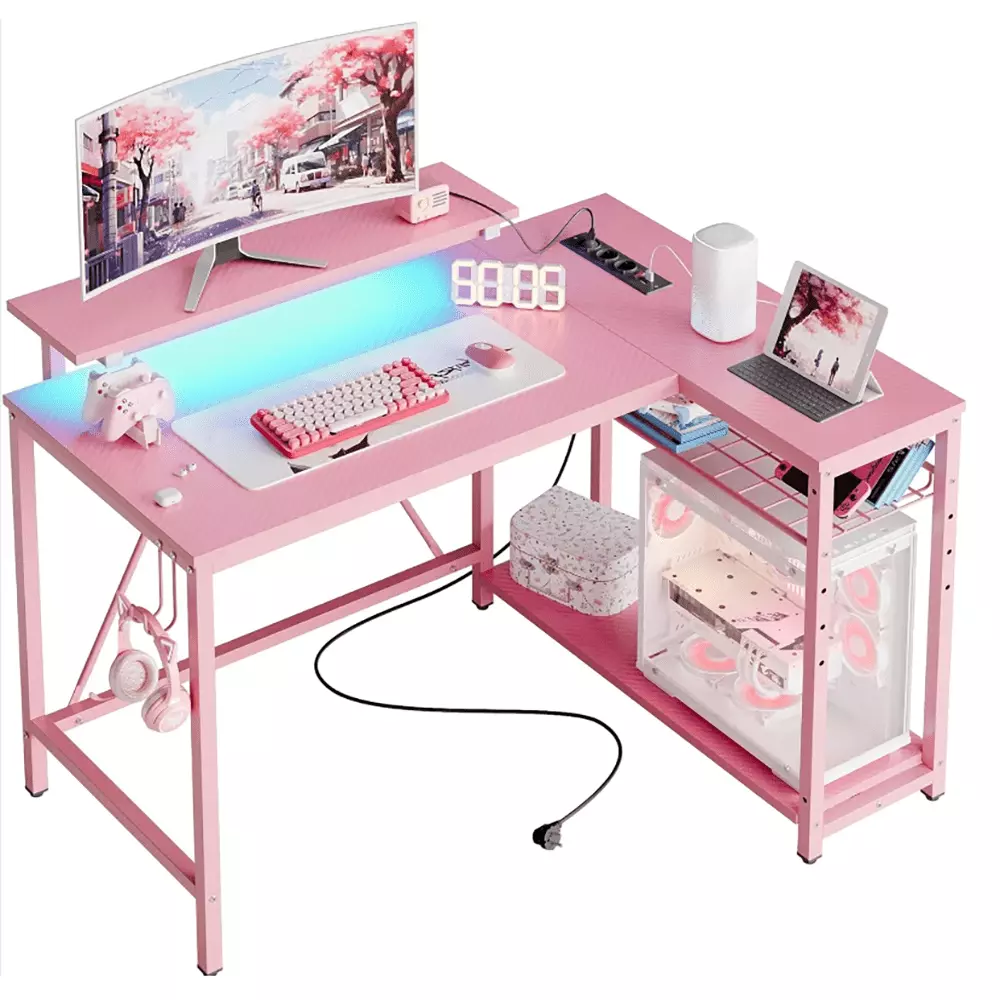 Gaming Desk Power Outlets 42 LED Small Corner Reversible Storage Shelves L Shaped Desk Hooks Computer Desk DQMARTY