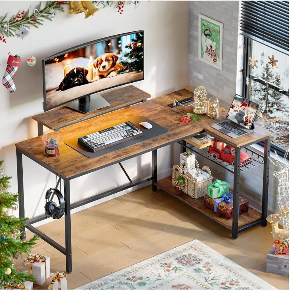 Gaming Desk Power Outlets 42 LED Small Corner Reversible Storage Shelves L Shaped Desk Hooks Computer Desk DQMARTY