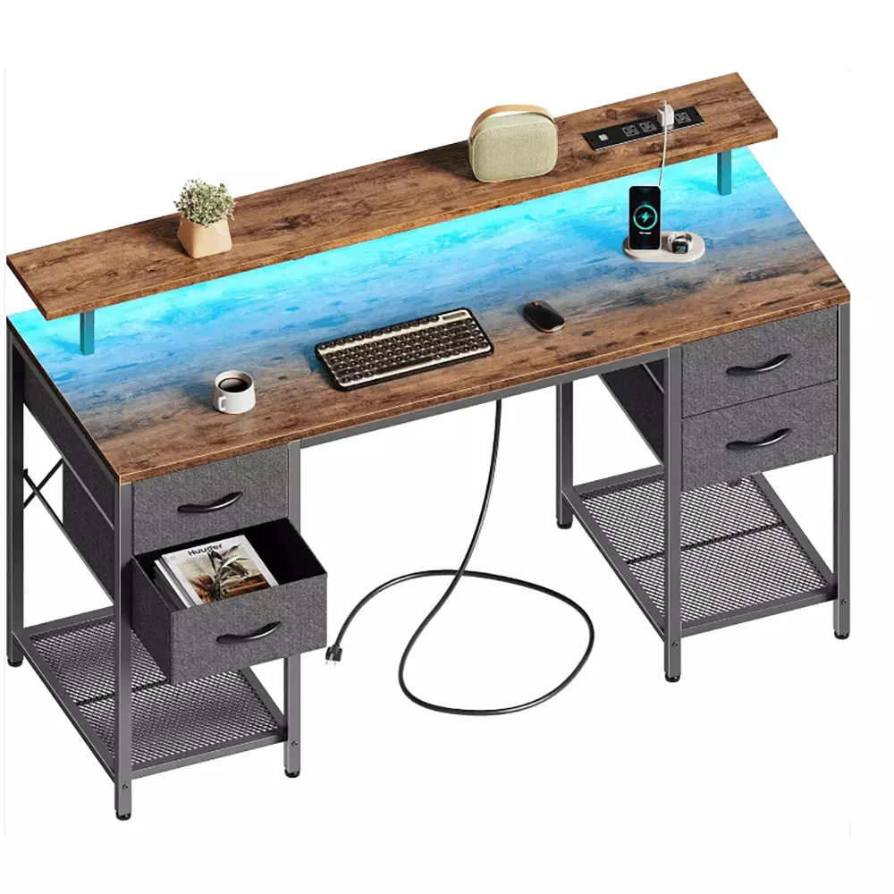 47 Inch Computer Desk 4 Drawers Gaming Desk LED Lights and Power Outlets DQMARTY