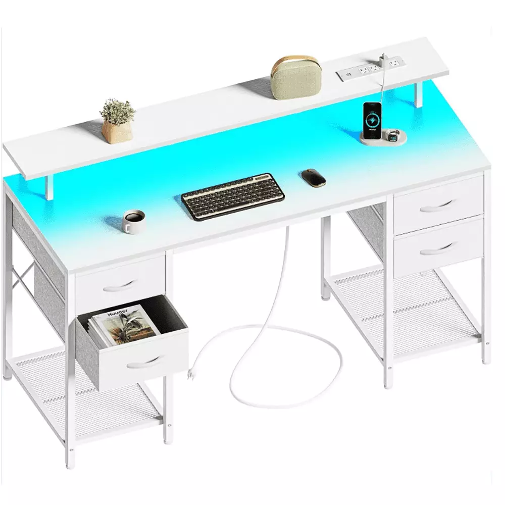 47 Inch Computer Desk 4 Drawers Gaming Desk LED Lights and Power Outlets DQMARTY