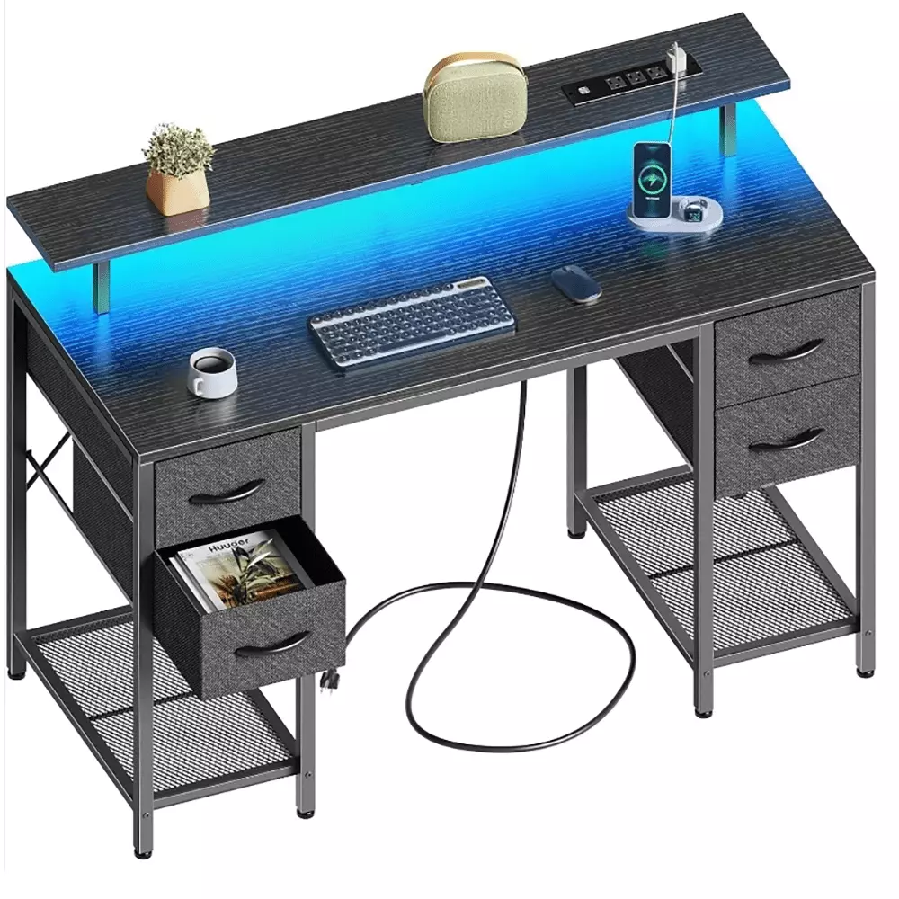 47 Inch Computer Desk 4 Drawers LED Lights and Power Outlets - Gaming Desk Large Storage Space Home Office DQMARTY
