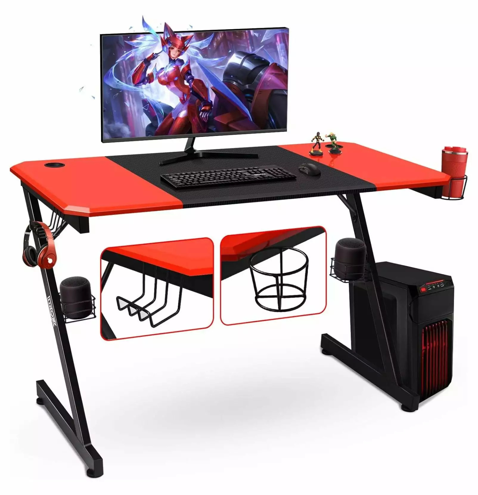 Drevy 47 Inch Gaming Desk Cup Holder Audio Stands Headphone Hook and Cable Management Holes