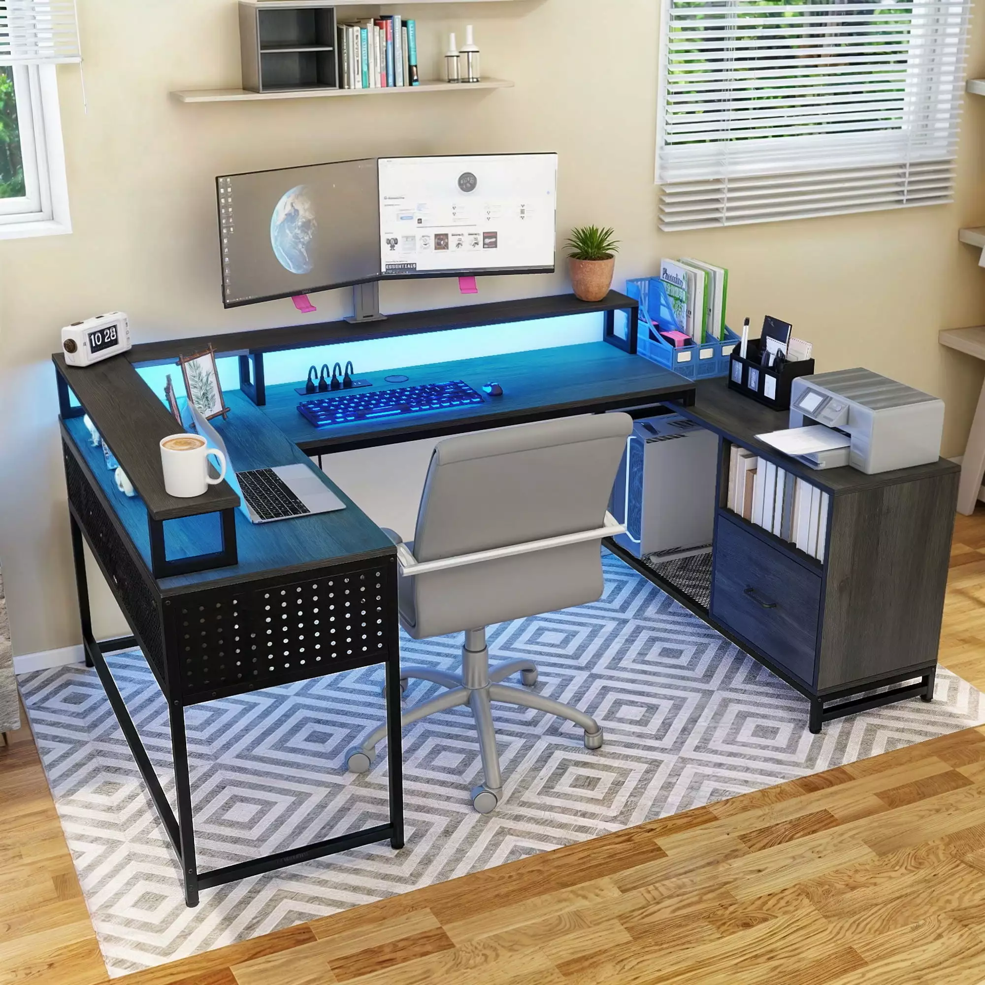 DWVO U Shaped Computer Desk Power Outlets LED L Shaped Gaming Desk Drawers Monitor Stand Storage Shelves Gray