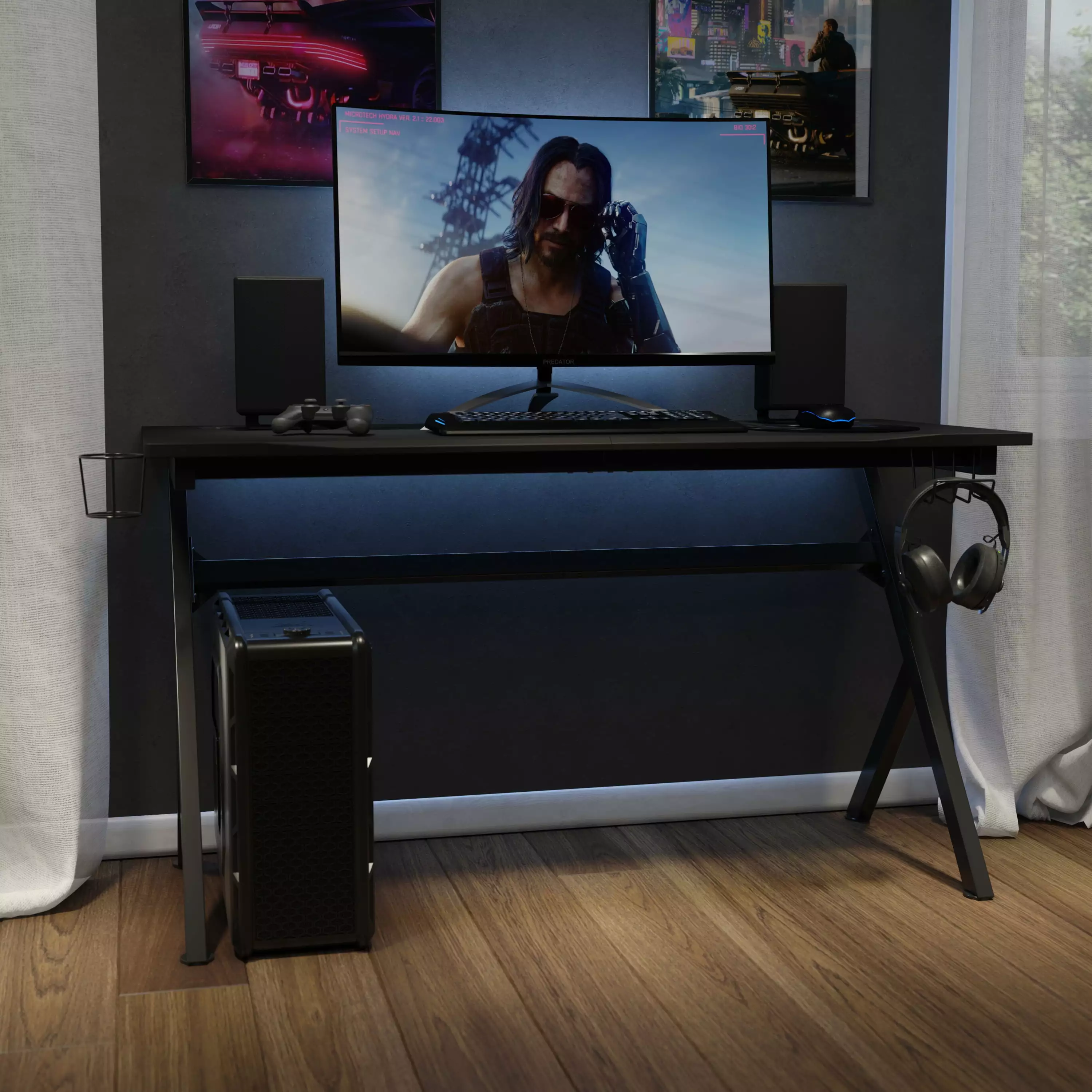 Emma + Oliver 55 Black Computer Gaming Desk Headphone Holder Cable Management and Mouse Pad